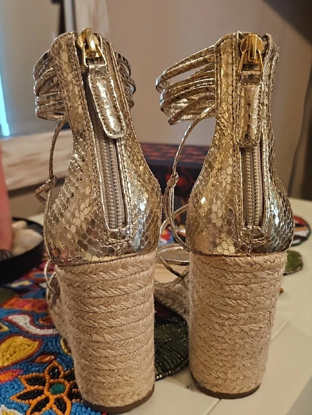 JLo Women's Metallic Gold Lace-Up Espadrille Wedge Sandals In Box